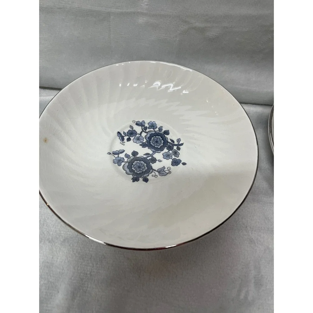 Enoch Wedgwood Royal Blue Ironstone Saucers‎ Set of 5 Floral Swirl White Blue